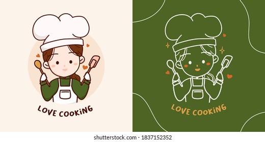 Lovely cute chef girl with wooden spoon and silicone spatula logo elements. Hand drawn vector illustration.