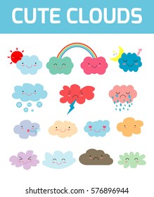 Lovely cute clouds icons, Set of Emoticons,Funny happy smiley clouds, Emoji. Smile icons. Isolated vector illustration 