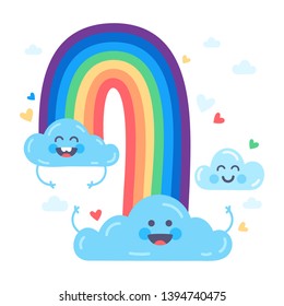 Lovely cute clouds in the sky having fun and smiling. Vector illustration with cute clouds, rainbow and hearts. Vector flat illustration.