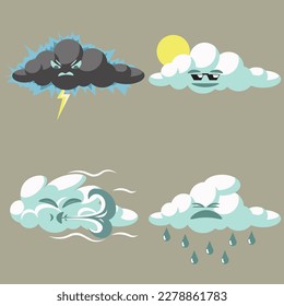 Hermosas nubes lindas, juego de emoticones, estilo kawaii, conjunto de emoticonos, emoticonos, personajes de clima mate, ilustración vectorial, Ilustración plana del vector de emoticones en la nube para pegatinas, lluvia, nubes, tormenta, viento