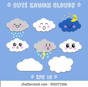 Lovely cute clouds, stickers kit, kawaii style, flat design, primitive style. Two additional forms. Set of Emoticons, Emoji. Smile icons. Isolated vector illustration EPS 10