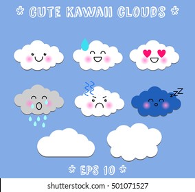 Lovely cute clouds, stickers kit, kawaii style, flat design, primitive style. Two additional forms. Set of Emoticons, Emoji. Smile icons. Isolated vector illustration EPS 10