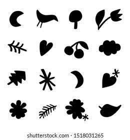 Lovely cute collection of monochromatic nature, bio, eco themed pictograms, icons. Set of black arty flat design elements flower, heart, moon, rainbow, tree for projects from packaging to awareness.