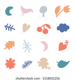 Lovely cute collection of trendy pastel colored nature, bio, eco themed pictograms, icons. Set of arty flat design elements flower, heart, moon, rainbow, tree for projects from packaging to awareness.