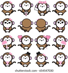 Lovely cute couple cartoon monkey collection set with variety character isolate vector icon