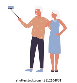 Lovely cute couple doing photo with selfie stick. Saving and recording happy family moment cartoon vector illustration