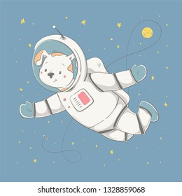 Lovely cute dog fling with the space station and the planet. Space series of children's card with cartoon style animal. Easy vector illustration