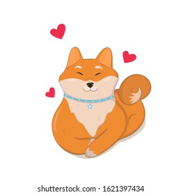 Lovely and cute dog shiba inu with hearts. Design for greeting card, valentines day, invitation, birthday. Vector illustration isolated on white background.