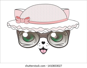 lovely cute face of white kitten, in sunny glass and hat