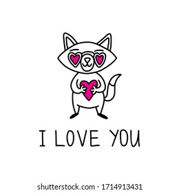 Lovely cute fox with a heart and glasses, lettering "I love you." Happy Valentine's day postcard. Doodle vector illustration