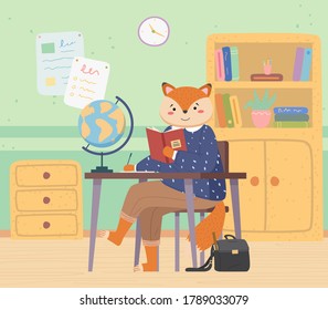 Lovely cute fox schoolgirl with handbag sitting at a desk, reading exercises, came to study at a geography class with bookshelf and a globe. Back to school concept. Funny cartoon animal student