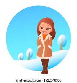 Lovely cute girl in a beige sheepskin coat. Shod in leather boots. In the background is winter nature with trees and snow. Vector cartoon illustration.