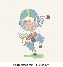 Lovely cute goby dressed like American Football player with ball in field. Young dressed cow. Sport series of children's card with cartoon style animal. Vector illustration.