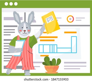 Lovely cute hare schoolboy with notebook in hands is showing an exercise book. Funny cartoon animal student. Back to school concept. Active rabbit pupil completed all tasks and is ready to answer