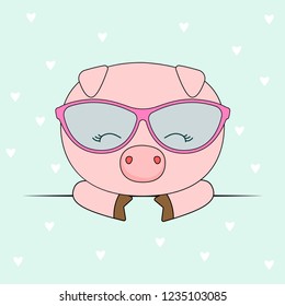 The lovely cute head pig in glasses isolated on blue background. Sweet kids graphics for t-shirts. Vector illustration drawn in flat style. Greeting card.