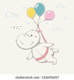 Lovely cute hippo flies in balloons after flock of birds. Series of school children's card with cartoon style animal. Easy vector illustration