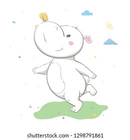 Lovely cute hippo runs on a green meadow with clouds. Butterfly on the nose. Spring card with cartoon style animal. Easy vector illustration