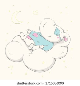 Lovely cute hippo is sleeping on a white cloud. Beautiful hippo dressed in pajamas and a blindfold. Cartoon style animal. Easy and cool vector illustration