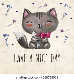 Lovely cute  illustration with baby cat and flowers around. Have a nice day. Vector illustration with watercolor little kitten.  Kids illustration. 