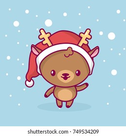 Lovely cute kawaii chibi. The deer is standing and waving his hand under the snow. Merry christmas and a happy new year