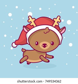 Lovely cute kawaii chibi. deer side view running under snow. Merry christmas and a happy new year