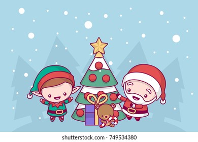 Lovely cute kawaii chibi. Santa Claus and the elf decorate the New Year tree under the snow. Merry christmas and a happy new year. greeting card