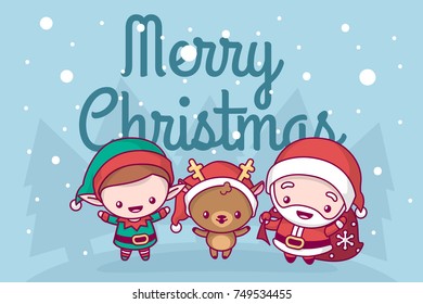 Lovely cute kawaii chibi. santa claus, deer and elf under the snow. Merry christmas and a happy new year. greeting card