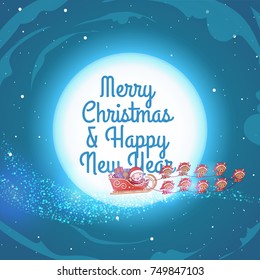 Lovely cute kawaii chibi. santa claus in a sleigh with gifts on the background of a bright moon. starry sky with clouds. a team of nine deer. Merry christmas and a happy new year. greeting card