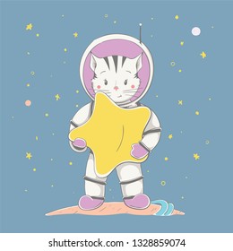 Lovely cute kitten girl hold the star and stand on the planet in space. Space series of children's card with cartoon style animal. Easy vector illustration