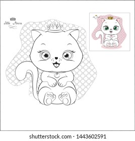 lovely cute kitten princess in a crown, on a white pearl background, a white cat, the coloring page