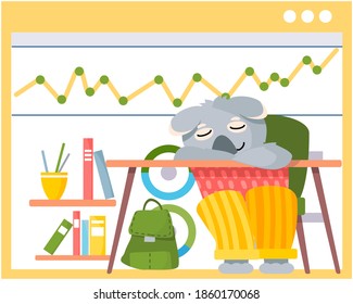 Lovely cute koala schoolboy is sitting and sleeping at a desk with books in the classroom. Funny cartoon animal student. Back to school concept. Tired pupil fell asleep in class, lazy animal character