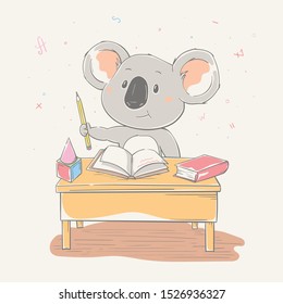 Lovely cute koala sits at a school desk with pencil and books. Series of school children's card with cartoon style animal. Easy vector illustration