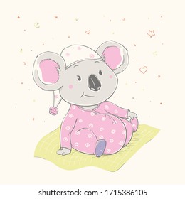 Lovely cute koala is sitting on the grass. Beautiful koala girl dressed in pink pajamas with hat. Cartoon style animal. Easy and cool vector illustration