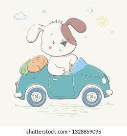 Lovely cute little dog boy is driving the car. Young camper. Summer series of children's card with cartoon style animal. Easy vector illustration