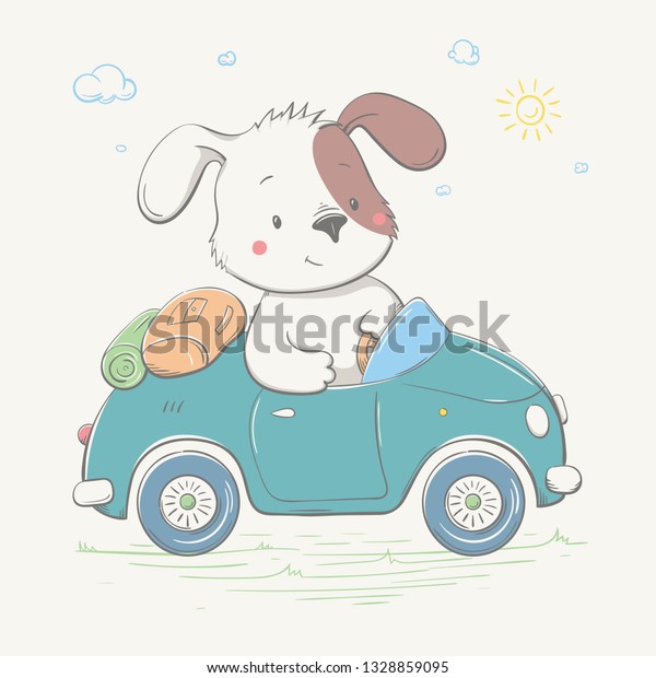 Lovely cute little dog boy is driving the\
car. Young camper. Summer series of children\'s card with cartoon\
style animal. Easy vector\
illustration