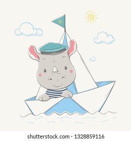 Lovely cute little rhino dressed captain's cap swims in the paper boat. Summer series of children's card with cartoon style animal. Easy vector illustration