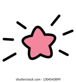 Lovely cute little star with joyful shiny lines around. Simple minimalist icon, black strokes, rounded shapes. Childish object for girl pink baby nursery, bedtime, night themed. Vector red sky object