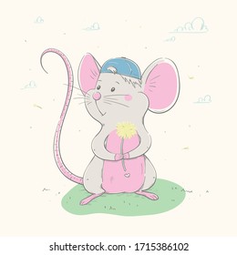 Lovely cute mouse in a cap holds a yellow flower. Beautiful mouse is stand on summer grass. Cartoon style animal. Easy and cool vector illustration