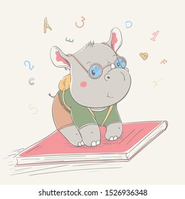Lovely cute nerd rhino flies on book with glasses and backpack. Series of school children's card with cartoon style animal. Easy vector illustration