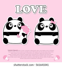 Lovely cute panda couple with bouquet of pink rose flowers on Valentine's. Paper cut sticker concept