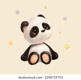 Lovely cute panda with cute eyes sitting.Hand drawn children's illustration.Perfect for design and print.Watercolor cute panda