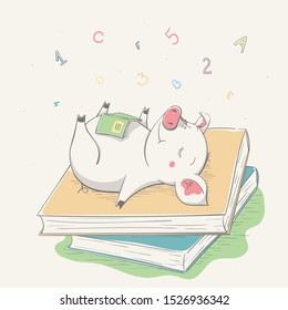 Lovely cute pig sleeping on books. Series of school children's card with cartoon style animal. Easy vector illustration