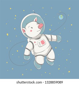 Lovely cute piggy fling with the space station and the planet. Space series of children's card with cartoon style animal. Easy vector illustration
