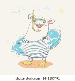 Lovely cute piggy stands in mask and flippers with the swimming circle. Pig is going to swim, hand-drawn. Summer series of children's card with cartoon style animal. Easy vector illustration