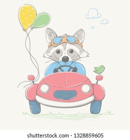 Lovely cute raccoon boy is driving the car. Young racer with the glasses and the color balloons. Summer series of children's card with cartoon style animal. Easy vector illustration