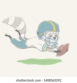 Lovely cute raccoon dressed like American Football player with ball in field. Young dressed raccoon. Sport series of children's card with cartoon style animal. Vector illustration.