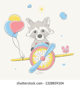 Lovely cute raccoon flies by the colored plane with balloons. Summer series of children's card with cartoon style animal. Easy vector illustration