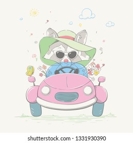 Lovely cute raccoon girl is driving the car. Young racer in the summer hat and the glasses with the color flowers. Summer series of children's card with cartoon style animal. Easy vector illustration