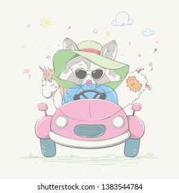 Lovely cute raccoon girl is driving the car with her friends. Young racer in the summer hat and the glasses with the llama and the unicorn in the back seat. Summer series of children's card with carto