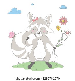 Lovely cute raccoon girl keeps the bouquet of flowers. Spring card with cartoon style animal. Easy vector illustration